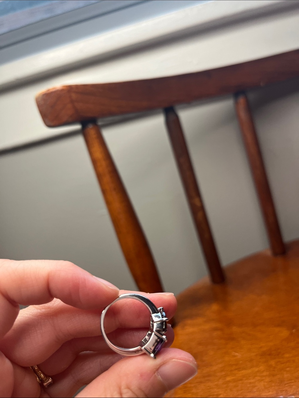 NWT BaubleBar Amethyst Two Stone Cocktail Ring Size 6 White Gold Tone - Picture 7 of 8